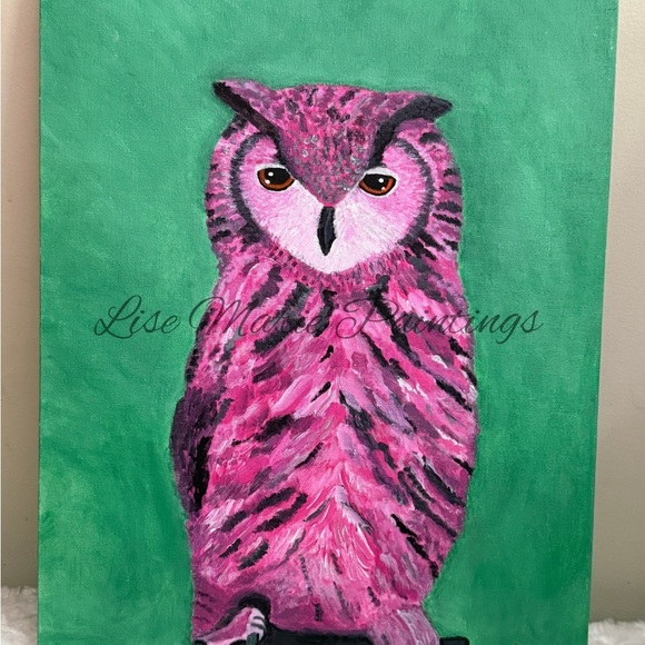 Pink and Green Owl Acrylic Painting Original by Artist. - Picture 1 of 1